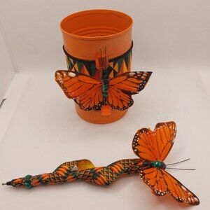 Orange Butterflies with African Kente Print on Writing Pen Holder Set